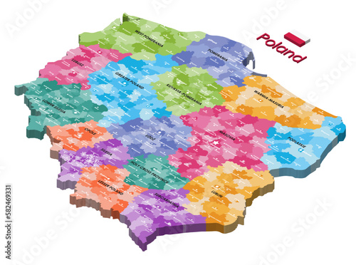 Poland administrative divisions isometric map colored by voivodeships photo