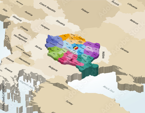 Romania counties 3d (isometric) colorful vector map with neighbouring countries photo