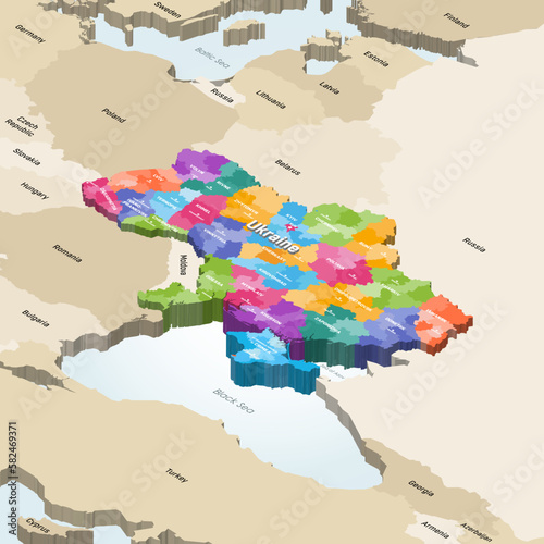 Ukraine isometric vector map colored by administrative divisions (oblasts and raions) with neighbouring countries photo