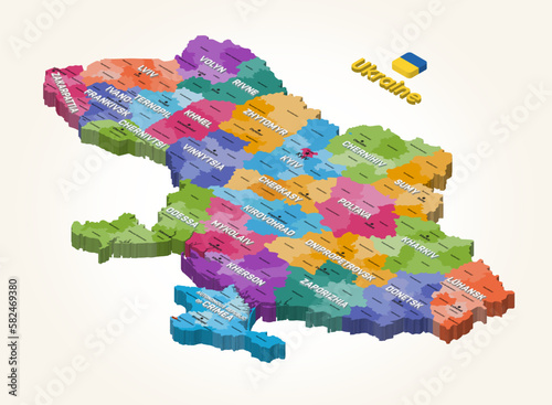 Ukraine isometric isolated vector map colored by administrative divisions (oblasts and raions) with inscriptions of districts and capital cities on it