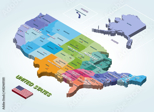 United States isometric map colored by regions photo