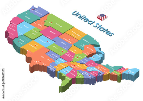United States isometric multilevel colorful map with states capitals and largest cities on it