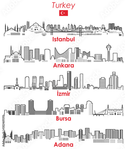 Turkey cities outline skylines vector set