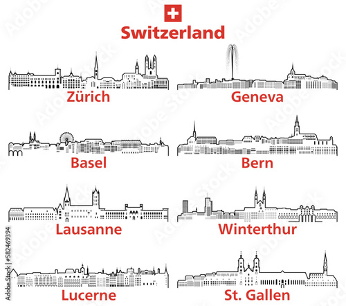 Switzerland cities outline skylines vector set