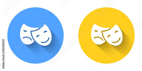 White Comedy and tragedy theatrical masks icon isolated with long shadow background. Circle button. Vector