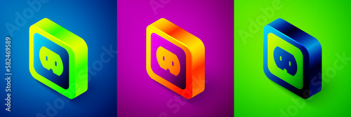 Isometric Electrical outlet icon isolated on blue, purple and green background. Power socket. Rosette symbol. Square button. Vector