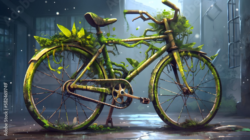 conceptual digital illustration of bicycle made with leaves, generative ai