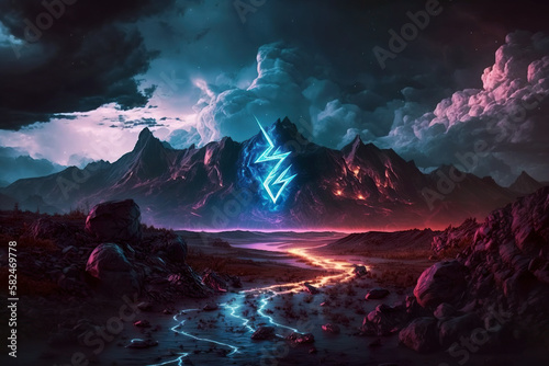 Abstract landscape background with glowing neon lights  storm clouds  lightning and rocky mountains and river at night. AI generated illustration.