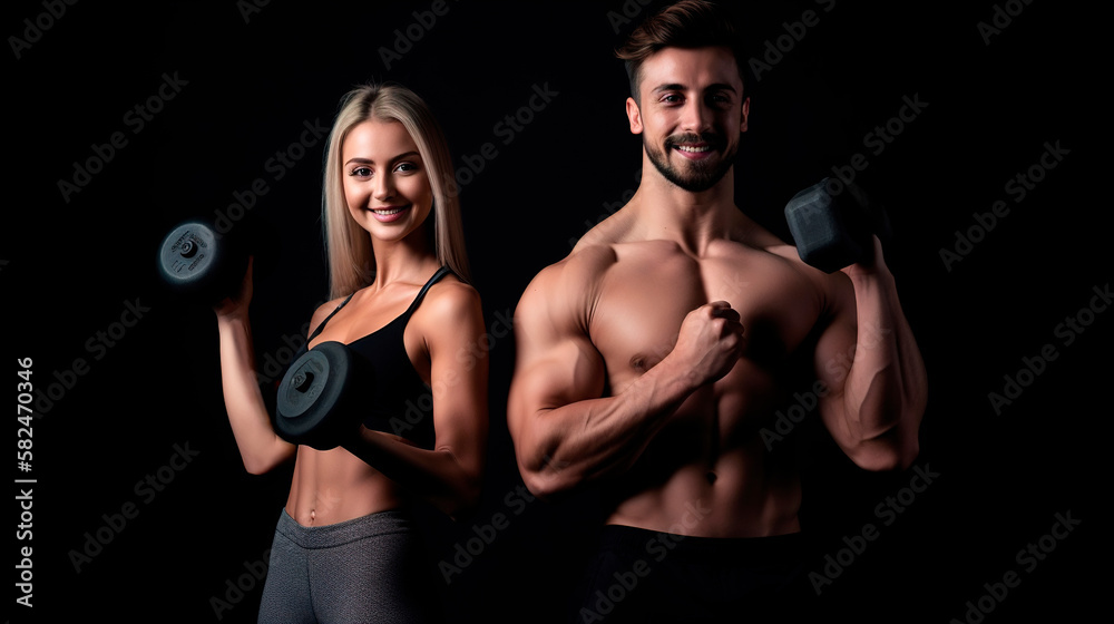 Young Athletic woman and man workout with dumbells, fitness studio concept Young Athletic woman and man workout with dumbells, fitness studio concept