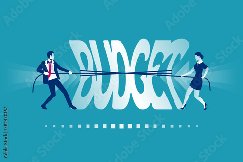 A man and a woman squeeze the family budget. Symbol of a decrease in income. Financial recession, Money shortage. Vector illustration flat design.