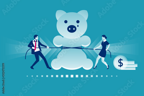 A man and a woman squeeze the family budget. Symbol of a decrease in income. Reduce costs. Married couple squeezes a piggy bank. Financial recession, Money shortage. Vector illustration flat design.