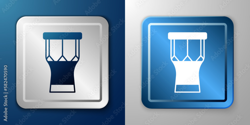 White African percussion drum icon isolated on blue and grey background. Musical instrument. Silver and blue square button. Vector White African percussion drum icon isolated on blue and grey background. Musical instrument. Silver and blue square button. Vector