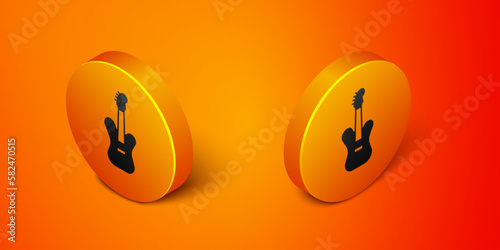 Isometric Electric bass guitar icon isolated on orange background. Orange circle button. Vector