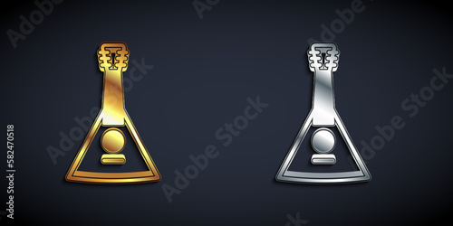 Gold and silver Musical instrument balalaika icon isolated on black background. Long shadow style. Vector