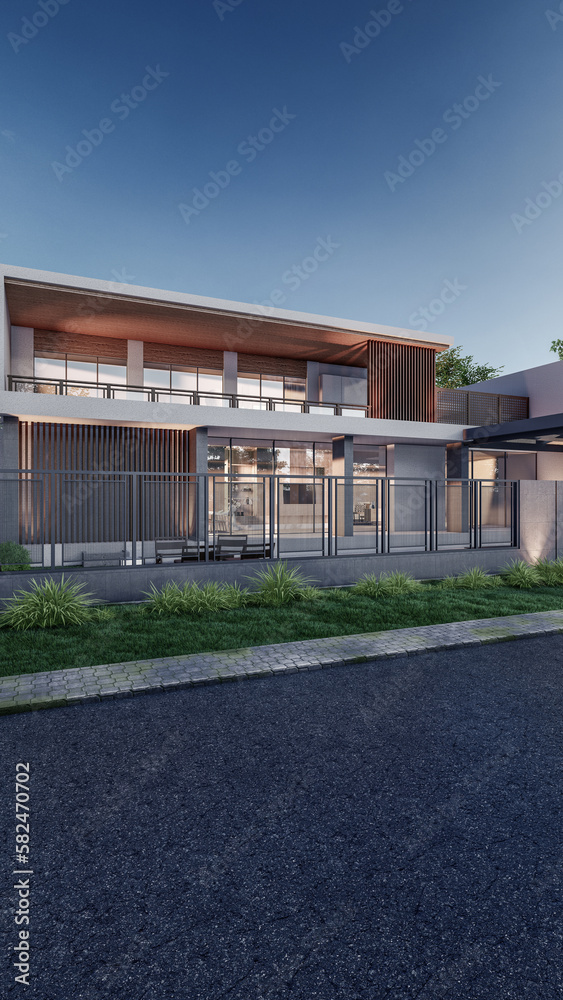 Architecture 3d rendering illustration of modern minimal house with natural landscape and walkway 