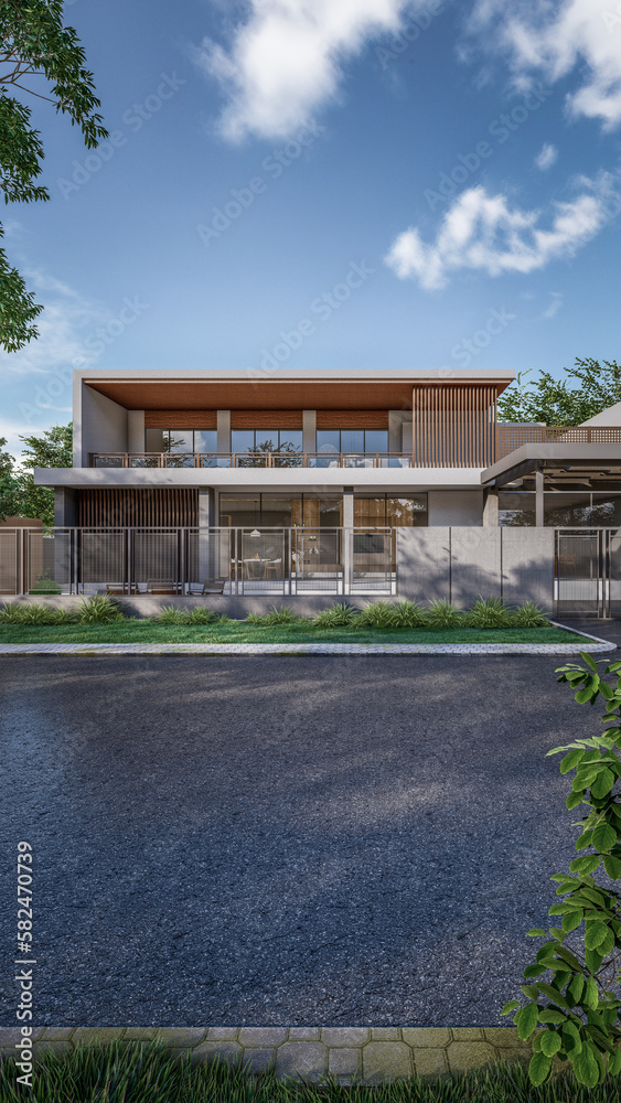 Architecture 3d rendering illustration of modern minimal house with natural landscape and walkway Architecture 3d rendering illustration of modern minimal house with natural landscape and walkway