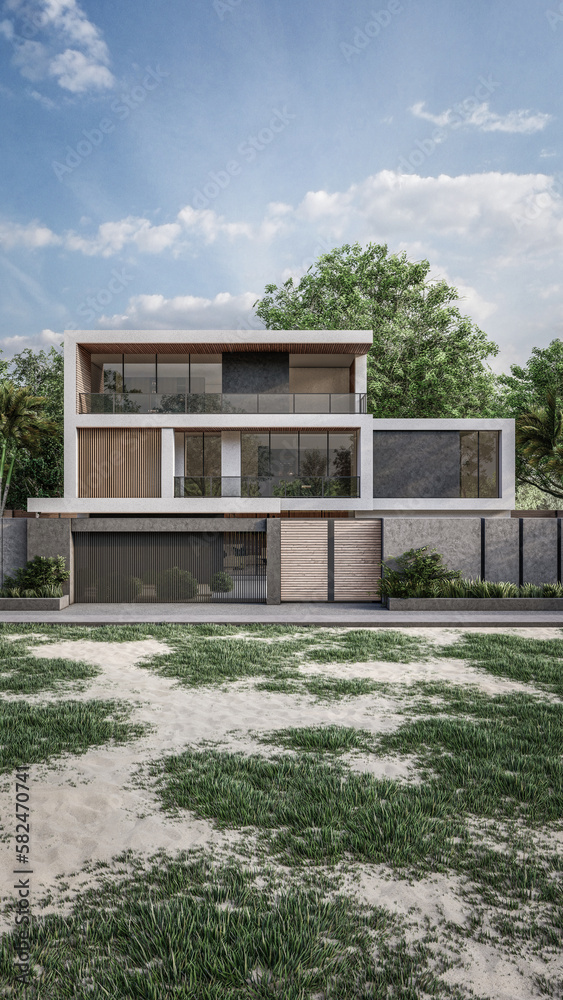Architecture 3d rendering illustration of modern minimal house with natural landscape and walkway Architecture 3d rendering illustration of modern minimal house with natural landscape and walkway