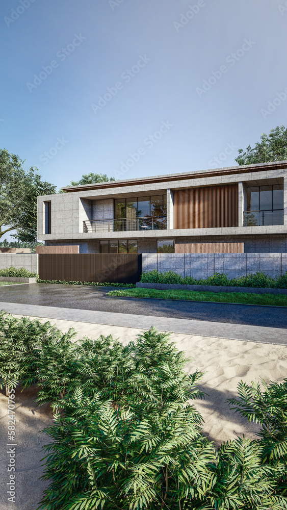 Architecture 3d rendering illustration of modern minimal house with natural landscape and walkway Architecture 3d rendering illustration of modern minimal house with natural landscape and walkway