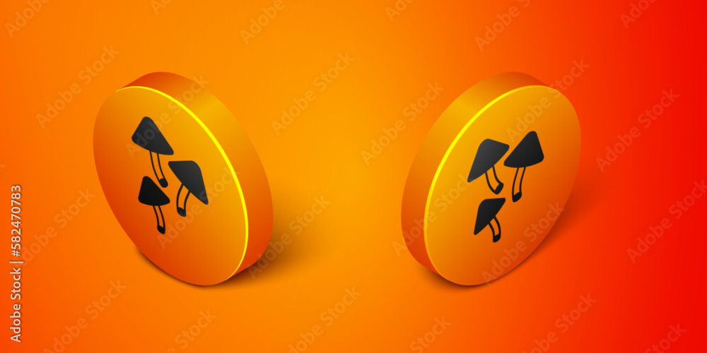 Isometric Mushroom icon isolated on orange background. Orange circle button. Vector Isometric Mushroom icon isolated on orange background. Orange circle button. Vector