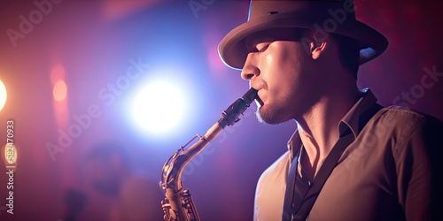 A saxophonist in the night club with spotlights in the background . Generative AI