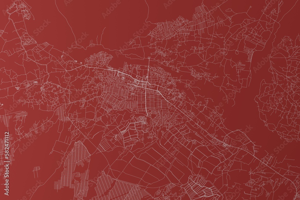 Map of the streets of Jelalabad (Afghanistan) made with white lines on red background. Top view. 3d render, illustration