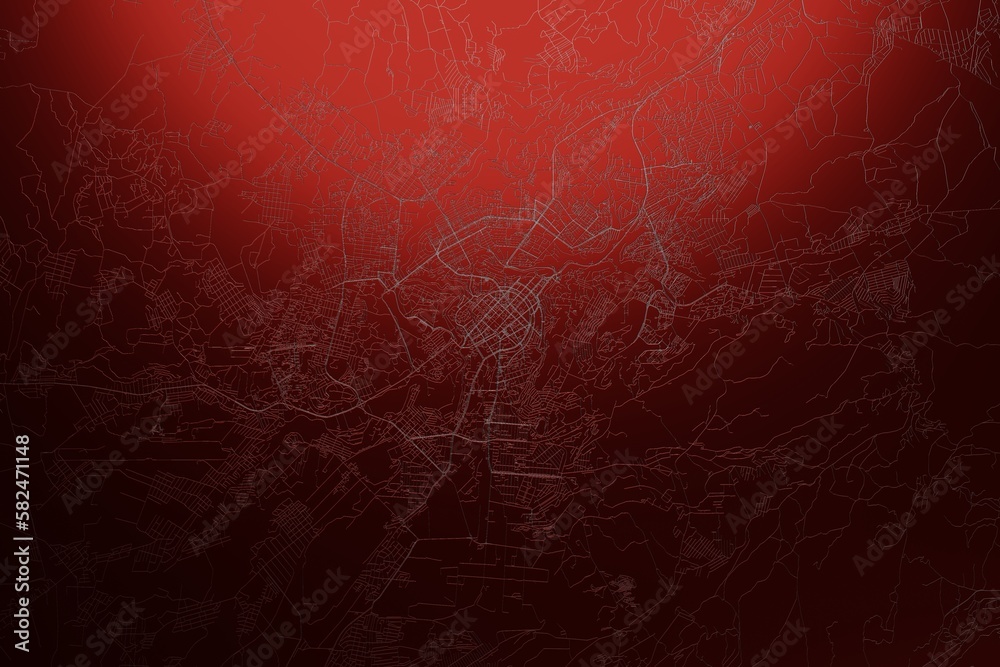 Street map of Yerevan (Armenia) engraved on red metal background. Light is coming from top. 3d render, illustration