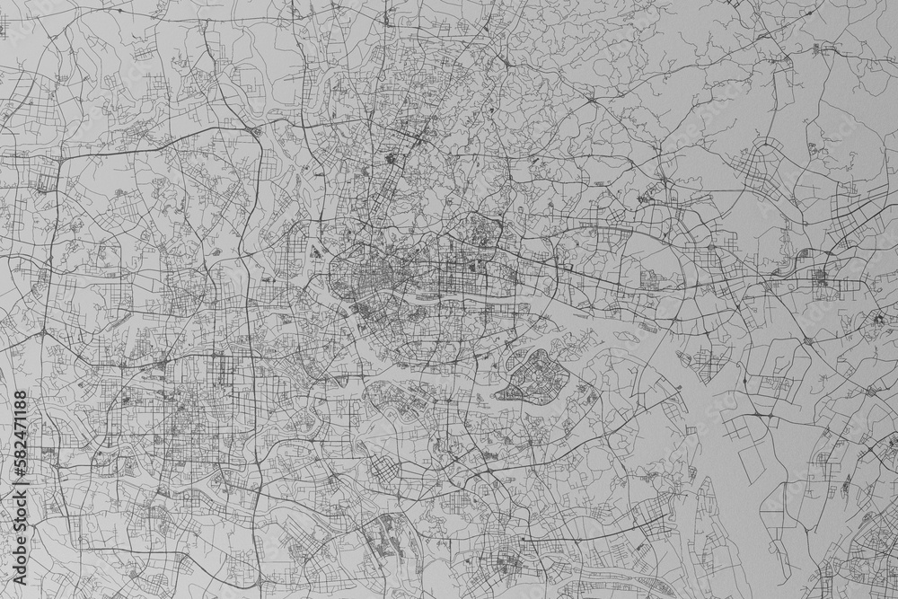 Map of the streets of Guangzhou (China) made with black lines on grey paper. Top view. 3d render, illustration