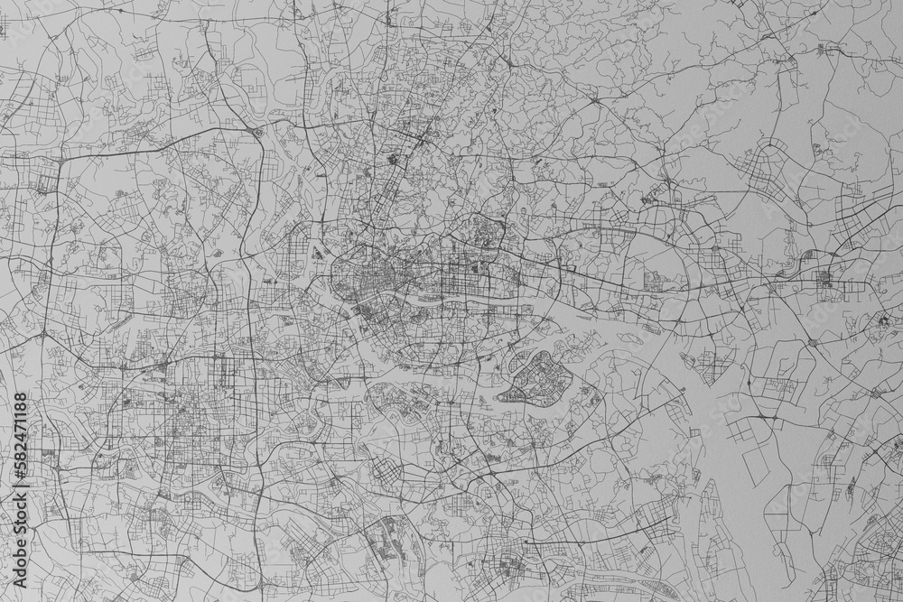 Map of the streets of Guangzhou (China) made with black lines on grey paper. Top view. 3d render, illustration Map of the streets of Guangzhou (China) made with black lines on grey paper. Top view. 3d render, illustration