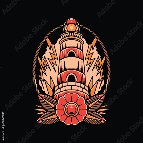 strong lighthouse tattoo vector design