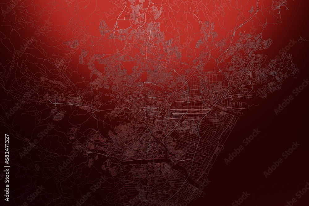 Street map of Sendai (Japan) engraved on red metal background. Light is coming from top. 3d render, illustration