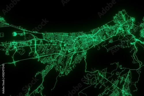 Map of the streets of Mascat (Oman) made with green illumination and glow effect. Top view on roads network. 3d render, illustration photo