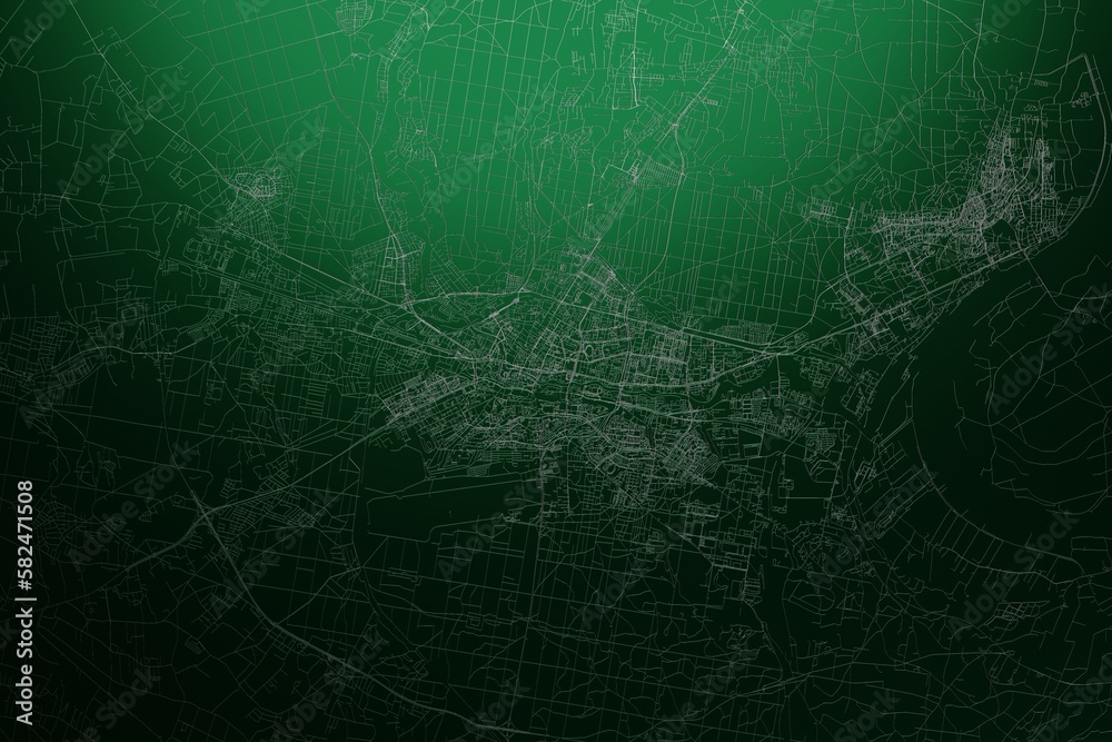 Street map of Bydgoszcz (Poland) engraved on green metal background. Light is coming from top. 3d render, illustration