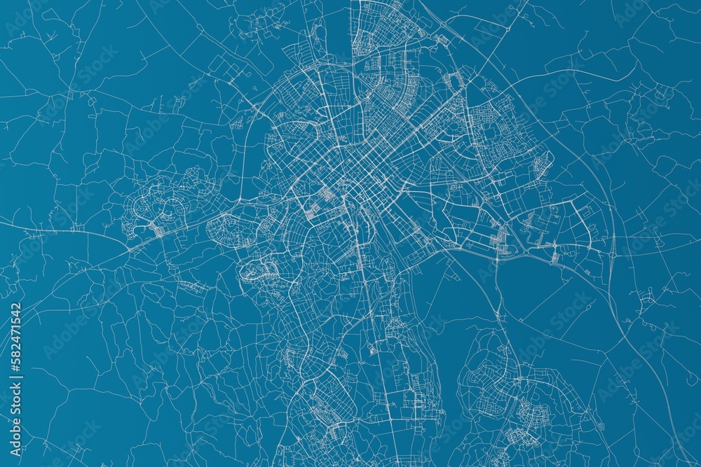 Map of the streets of Uppsala (Sweden) made with white lines on blue background. 3d render, illustration