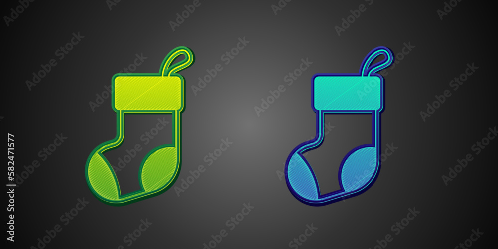 Green and blue Christmas stocking icon isolated on black background. Merry Christmas and Happy New Year. Vector Green and blue Christmas stocking icon isolated on black background. Merry Christmas and Happy New Year. Vector