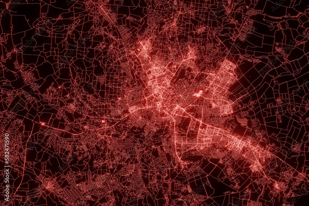 Street map of Kharkiv (Ukraine) made with red illumination and glow effect. Top view on roads network. 3d render, illustration Street map of Kharkiv (Ukraine) made with red illumination and glow effect. Top view on roads network. 3d render, illustration