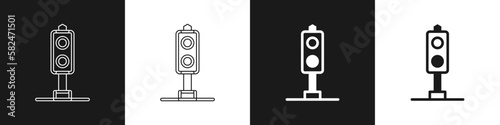 Set Train traffic light icon isolated on black and white background. Traffic lights for the railway to regulate the movement of trains. Vector