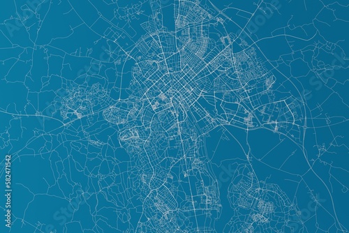 Map of the streets of Uppsala (Sweden) made with white lines on blue background. 3d render, illustration