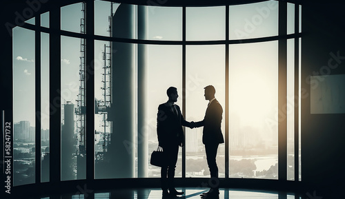silhouette businessman shake hand with partner in office, Generative ai