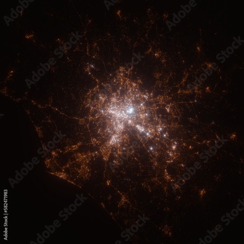 Rome (Italy) street lights map. Satellite view on modern city at night. Imitation of aerial view on roads network. 3d render