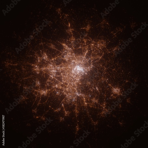 Turin (Italy) street lights map. Satellite view on modern city at night. Imitation of aerial view on roads network. 3d render