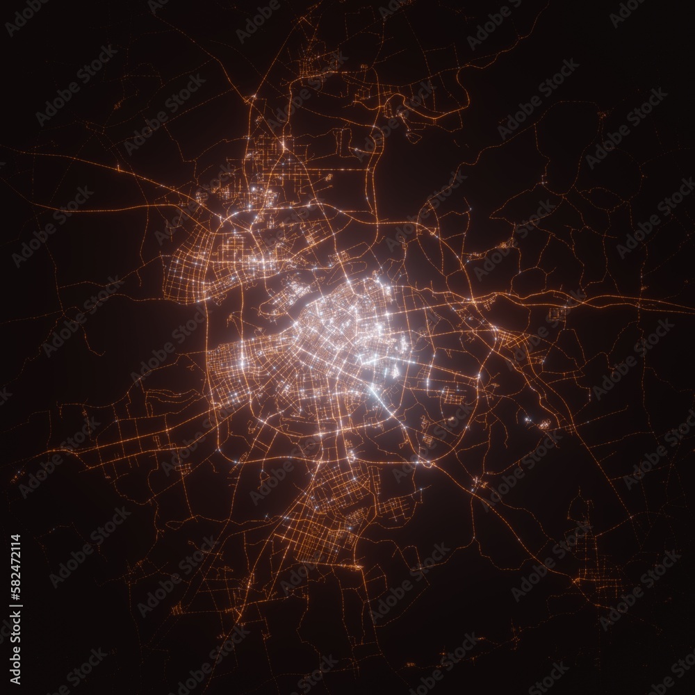 Harbin (China) street lights map. Satellite view on modern city at night. Imitation of aerial view on roads network. 3d render