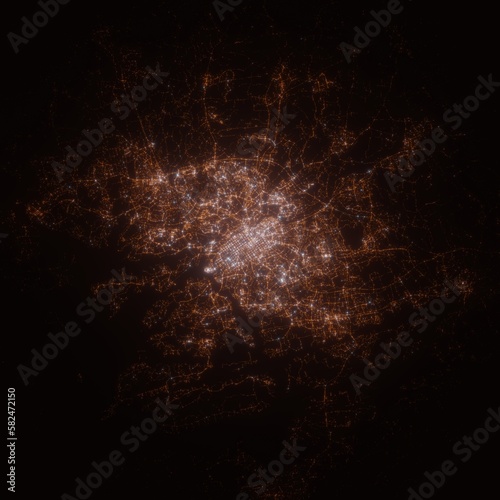Turku (Finland) street lights map. Satellite view on modern city at night. Imitation of aerial view on roads network. 3d render