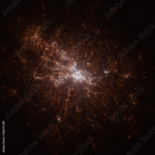 Florence (Italy) street lights map. Satellite view on modern city at night. Imitation of aerial view on roads network. 3d render