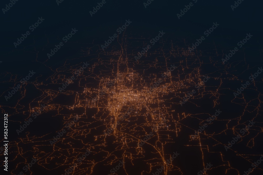 Aerial shot on Gilette (Wyoming, USA) at night, view from west. Imitation of satellite view on modern city with street lights and glow effect. 3d render