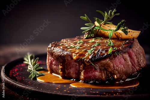 Close up of Grilled Beef Steak with Rosemary on blur Background