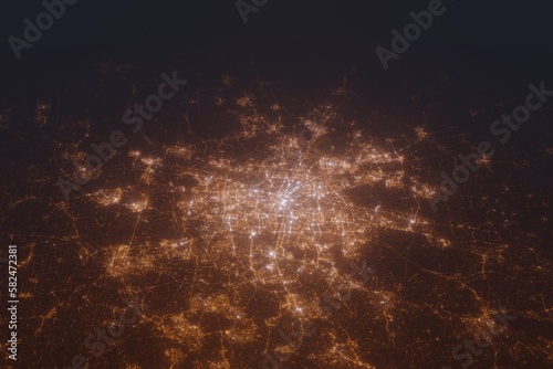 Aerial shot on Munich (Germany) at night, view from west. Imitation of satellite view on modern city with street lights and glow effect. 3d render
