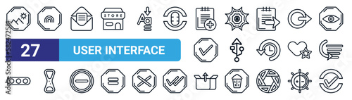 set of 27 thin line user interface icons such as news reporters, perspectives, question mark, crying smile, in love smile, nerd smile, information, winking vector icons for mobile app, web design.