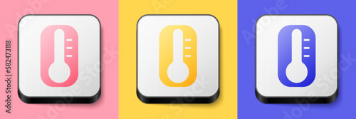 Isometric Meteorology thermometer measuring heat and cold icon isolated on pink, yellow and blue background. Thermometer equipment showing hot or cold weather. Square button. Vector