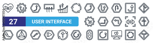 set of 27 thin line user interface icons such as ecologic heart, semicircular upward arrow, curved up arrow with broken line, semicircular up arrow, dotted up triangular, elevator arrows,