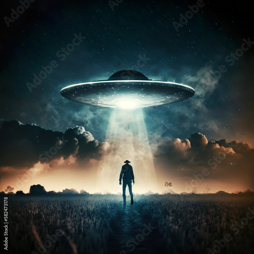 Flying saucer at night over the field. Invasion of extraterrestrial intelligence, science fiction, ufo. AI generated illustration.